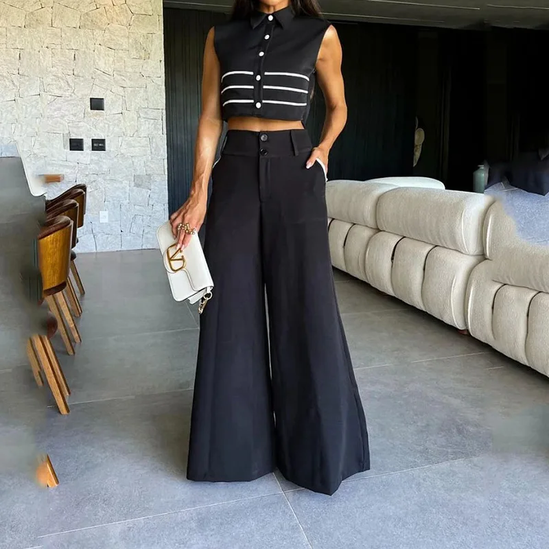 

Women Two Piece Sets Pants Set Striped Turn Down Collar Sleeveless Short Tops Wide Leg Long Pants High Waist Matching Sets