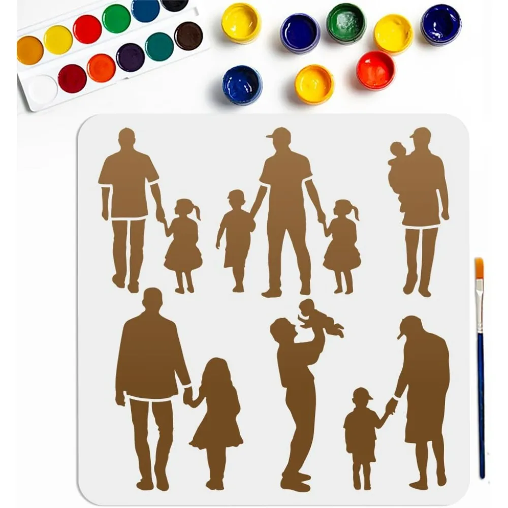 6 Styles Happy Father's Day Stencils 11.8×11.8inch Large Father Silhouettes Character Family Painting Stencil with Paint Brush