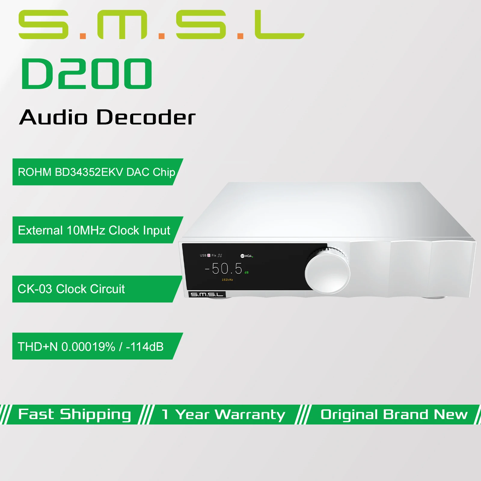 SMSL D200 Hi-Res аудиодекодер с чипом ROHM BD34352EKV DAC, XU316 MQA, USB, оптическим, коаксиальным и Bluetooth входами, внешним тактовым входом 10 МГц.