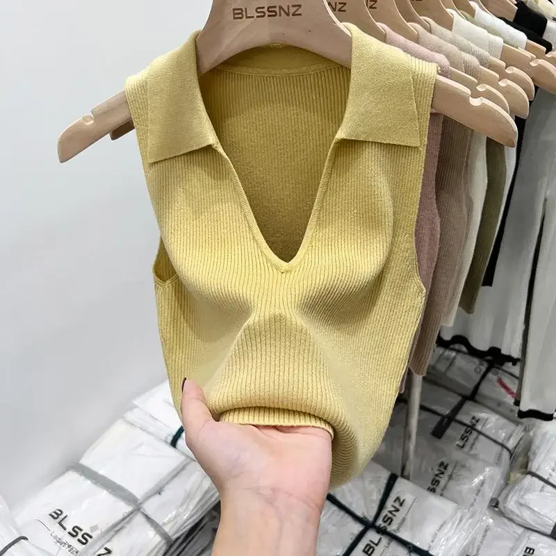 

Knitted Vest Women's Camisole Women's V-neck Short 2024 Summer Babes Wear Polo Collar Sleeveless Vests Inside Tank Top
