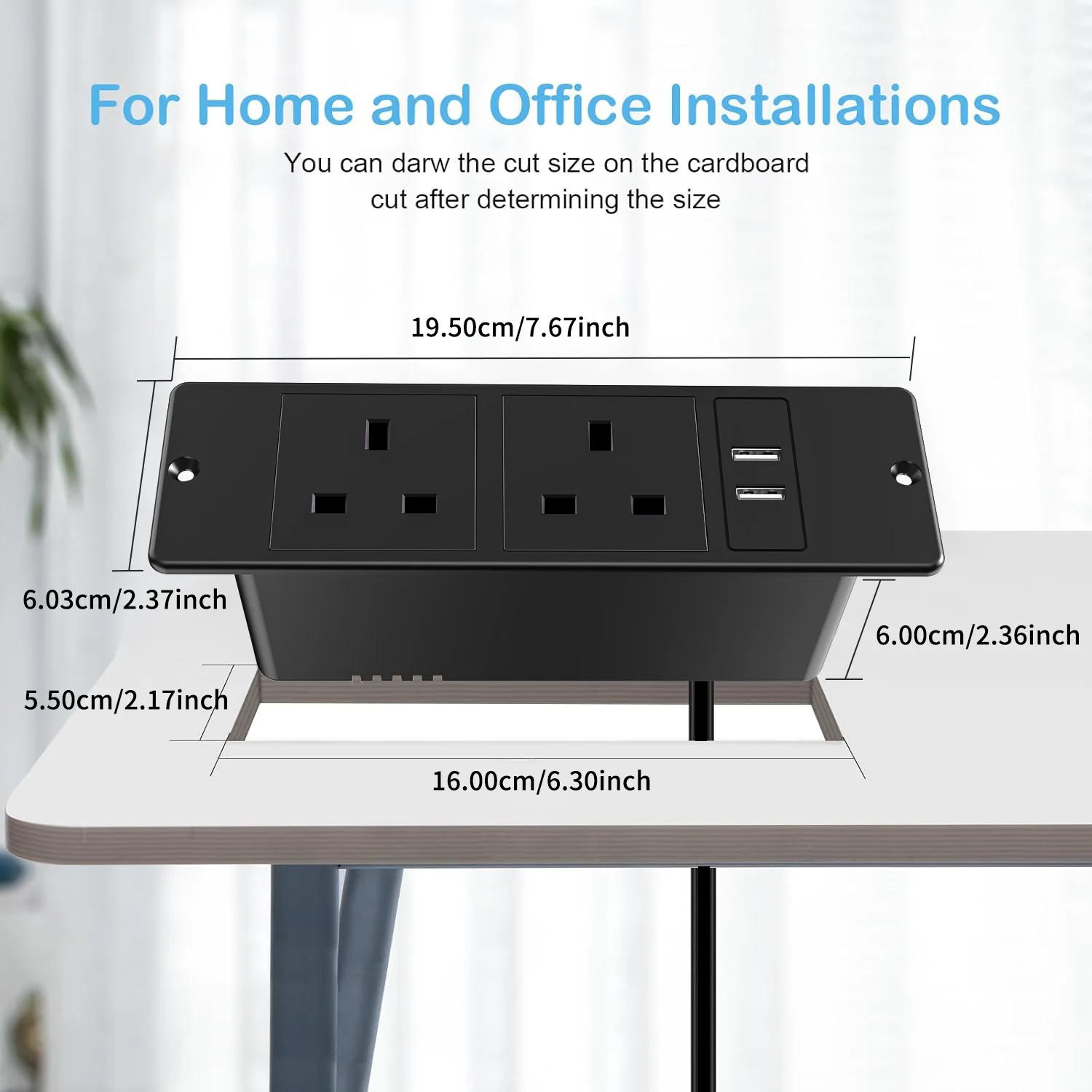 Recessed Power Strip UK 2 AC Outlets 2 USB-A ports Charger Mountable Flat Plug for Tabletop Sofa Cabinet Nightstand Home Office