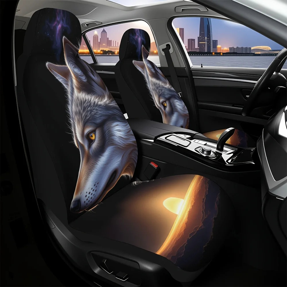 2pcs, Elegant Fantasy Wolf Night Stars Art Design Front Seat Covers, Durable And Easy To Clean, Perfect For Driver And Passenger