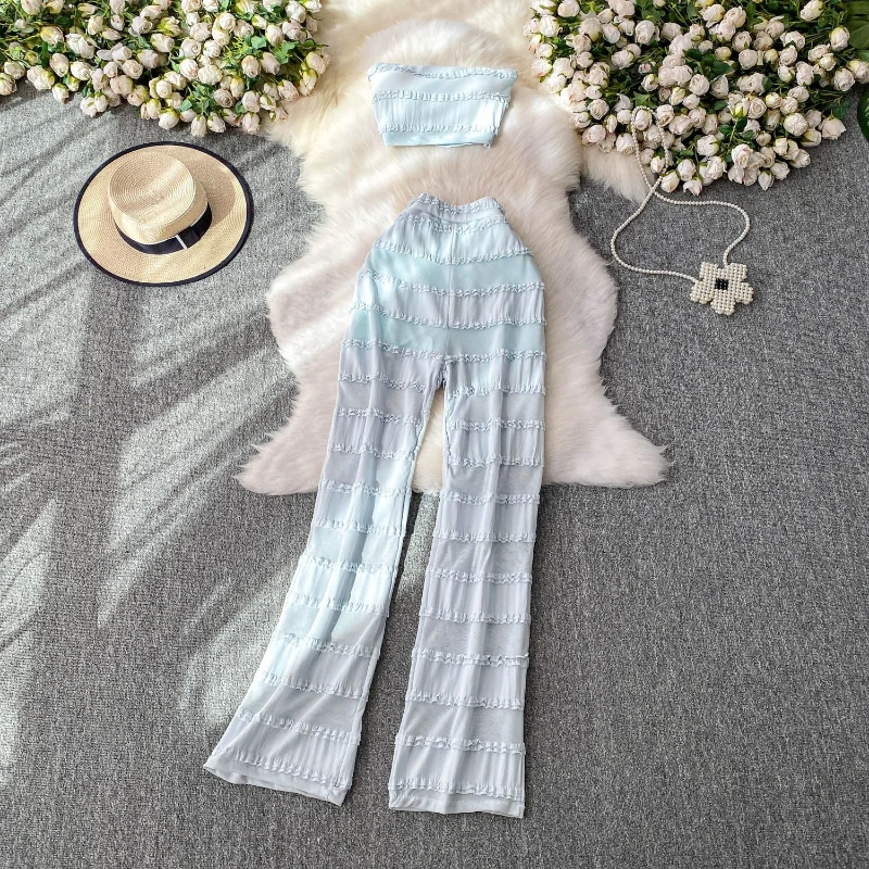 

Сексуальный короткий стиль с кружевом и грибной кромкой, жилет без бретелек с подушкой на груди + широкие брюки с высокой талией, женский летний повседневный комплект