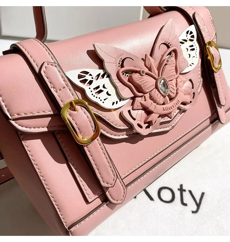 

High Quality Pink Color Fashion Butterfly Square Bag Women Handbag Textured Casual Bag Lady Purse Shoulder Messenger Bag