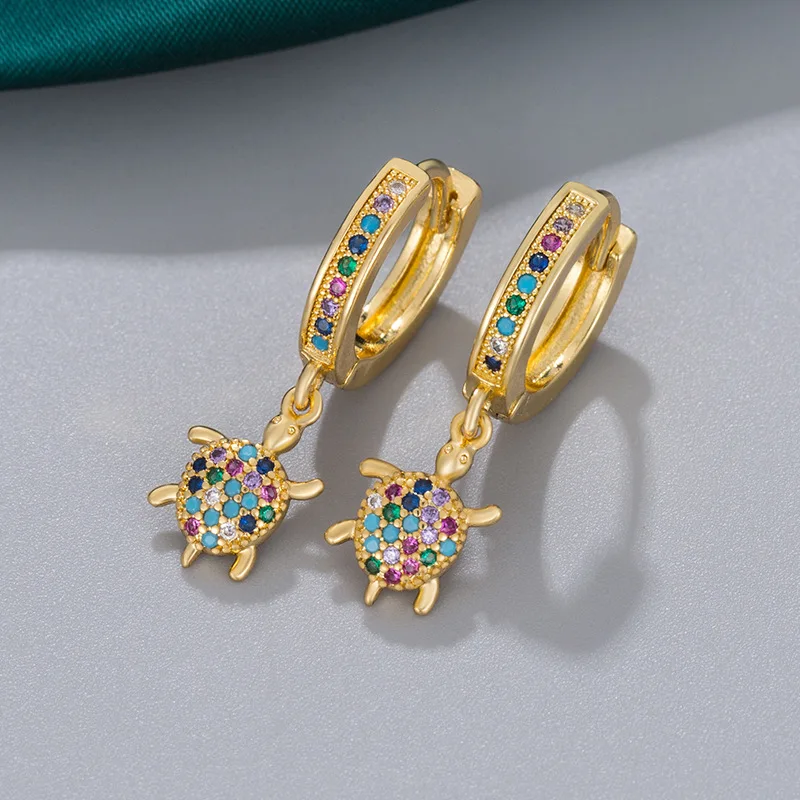 Female Cute Small Turtle Hoop Earring Rainbow Crystal Multicolor Zircon Animal Earrings For Women Charm Gold Color Ocean Jewelry - view 2