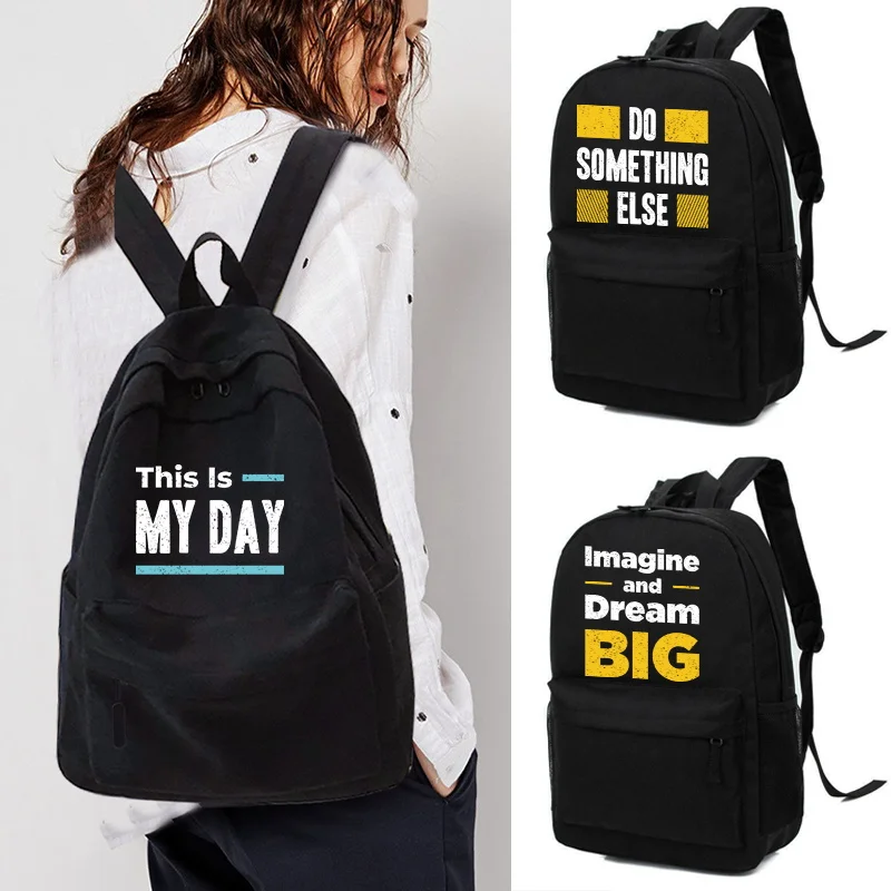 

Casual Travel Backpack Student School Bag Large Capacity Laptop Bag Canvas Phrase Print Zipper Shoulders Bag Unisex Organizer