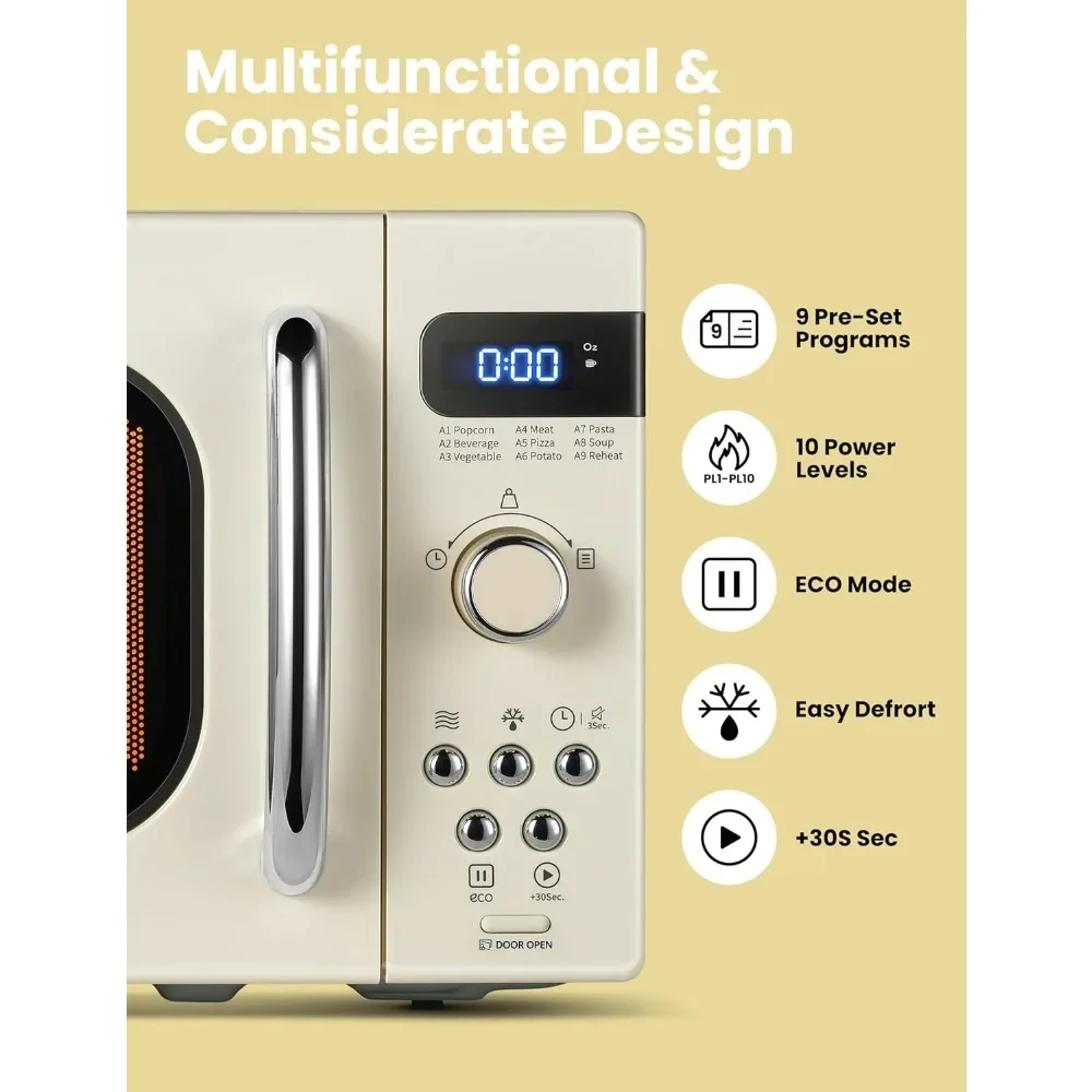 فرن ميكروويف صغير بحجم صغير، 9 قوائم محددة مسبقًا، قرص دوار للذاكرة الموضعية، وظيفة كتم الصوت، 0.7 قدم مكعب/700 وات، كريمي