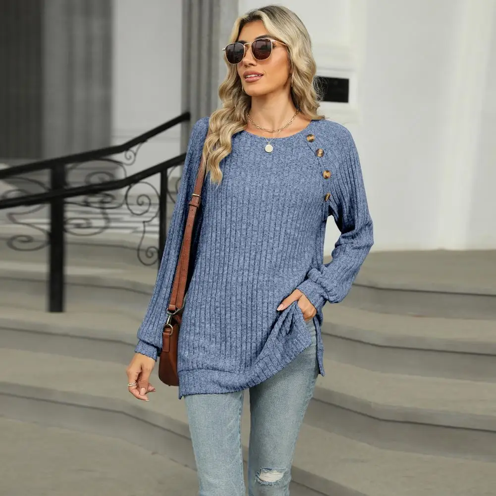 Comfortable Daily Wear Tee Round Neck Long Sleeve Top Stylish Women's Long Sleeve Tee with Button for Everyday for Comfort