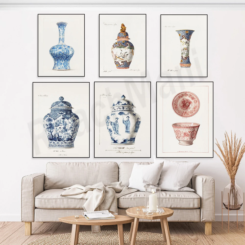 Korean-style watercolor porcelain vase, blue hydrangea flowers, antique porcelain Asian-style Chinese ginger jar art poster.