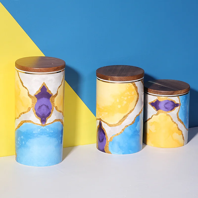 Light luxury ink wind ceramic sealed jar coffee sugar cube tea seasoning miscellaneous grains with lid creative storage tank orn