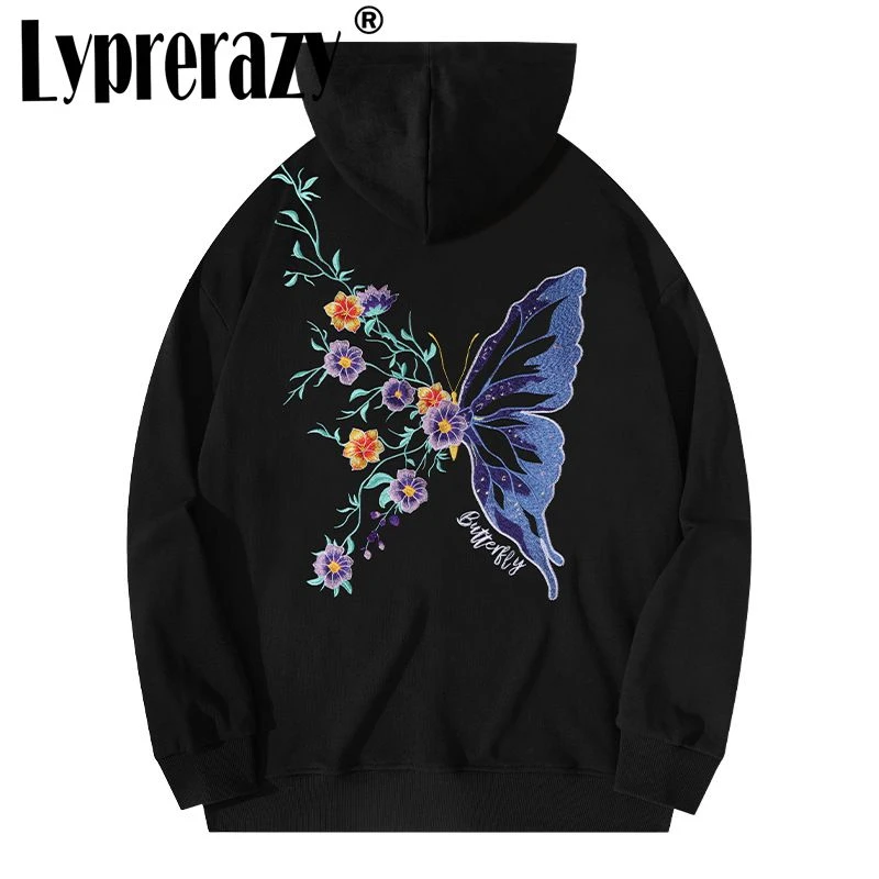 Lyprerazy New National Trend Butterfly Flower Embroidered Hooded Sweater Street Casual Pullover Male Couple