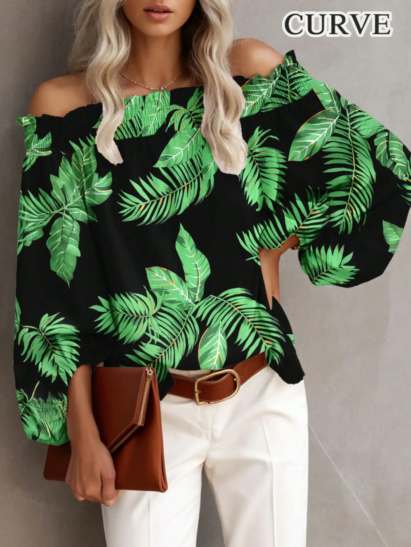 

Plus Size Women's Fashionable Floral Print Off Shoulder Blouse Shirt Ladies Casual Long Sleeve Beach Shirt Tops