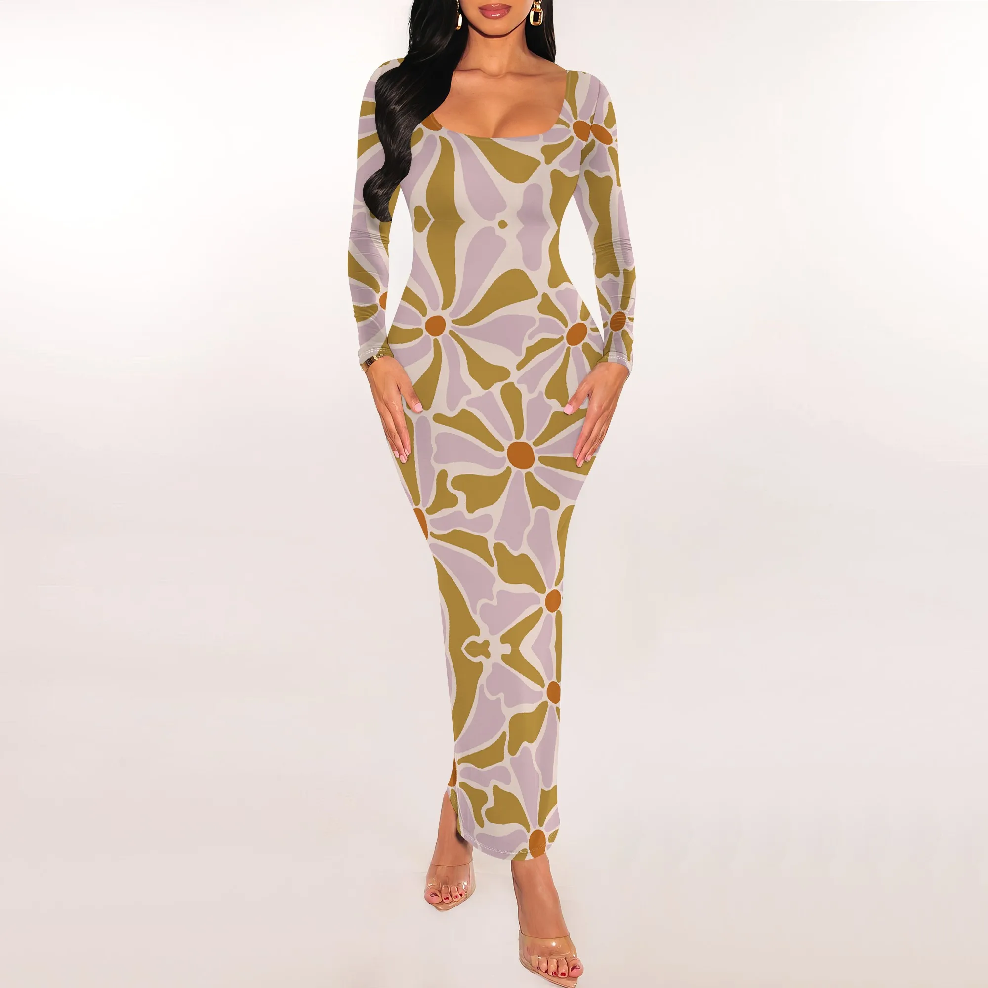 

Big Floral Abstract Print Maxi Dress Long Sleeve Slim Fit Retro Vibe Casual Daily Outfit