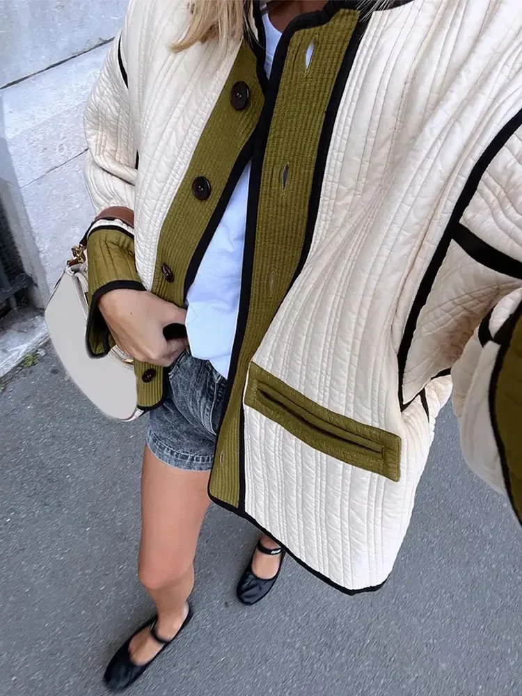 TARUXY Fashion Contrast Cotton Jacket Coat Women Single Breasted Splice Quilted Thermal Jacket Pocket Autumn Lady Casual Outwear
