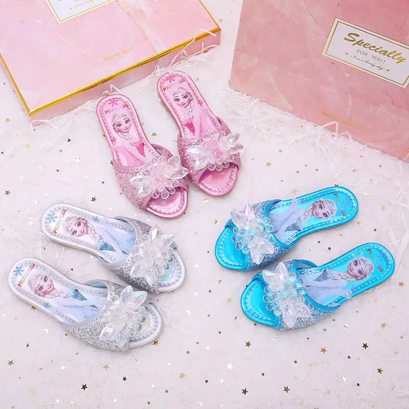 Disney Children's Sandals Fashion Frozen Elsa Princess Pink Blue Rhinestone Shoes Shiny Soft Sole Non Slip Girls' Sandals