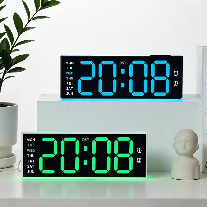 LED Digital Clock for Living Room, Multifunctional Electronic Clock with Ambient Light & Dual