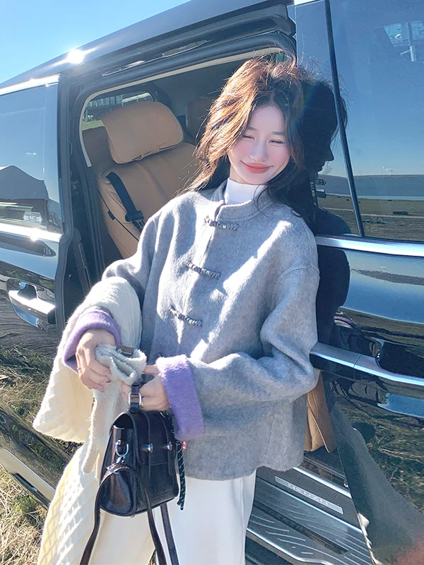 

New Chinese Sle Double Woolen Coat Women's ort Stand Collar Autumn Winter Double Sided Woolen Jaet Commute Korean Version