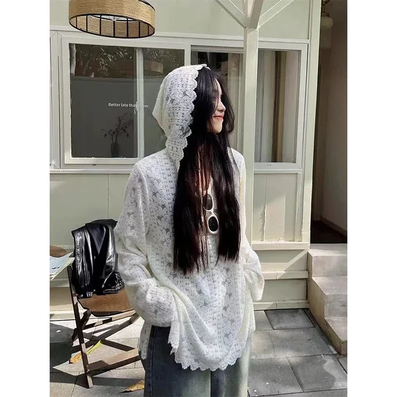 Y2K Lace Hooded Shirts Women Streetwear Sexy Hollow Out White Blouses Korean Aesthetic Sheer Long Sleeve Sun Protection Tops New