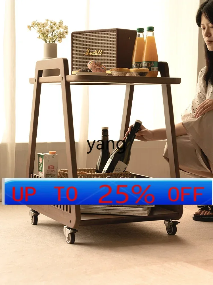 

LMM Solid Wood Sofa Side Table Movable Living Room with Wheels Trolley Light Luxury