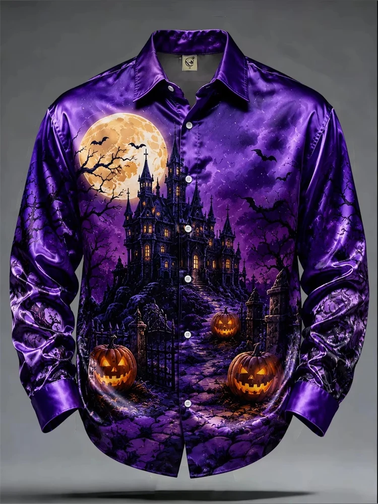 Men's Autumn Halloween Fashion Shirt Long-Sleeve Shirt with Spooky Skull Print Collar and Button-Down Design Festive Party Top