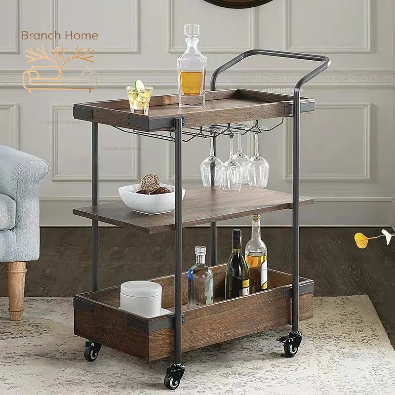 Family dining cart retro bar catering mobile trolley modern Chinese wine bottle storage trolley