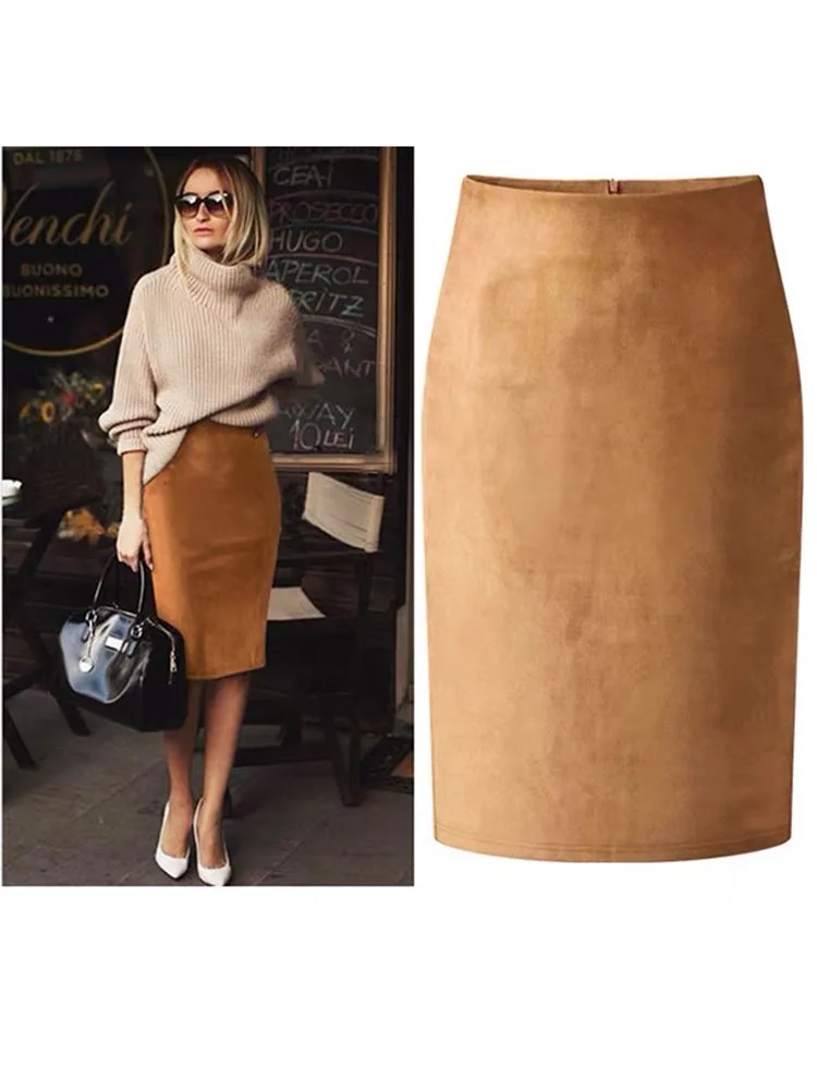 

2025 New Women Genuine Leather Sheepskin Pencil Skirt Knee Length Wrap Fit Kid Suede A-Line Midi Skirt Women Clothing