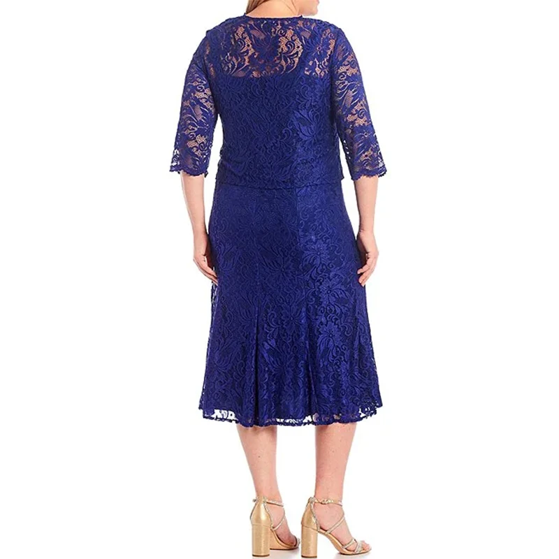 Lace Party Jurken Voor Bruiloften Royal Blue Elegant Moeder Van De Bruid Jurken 2 Stuks Drie Kwart Mouw Vrouw Gast 2022