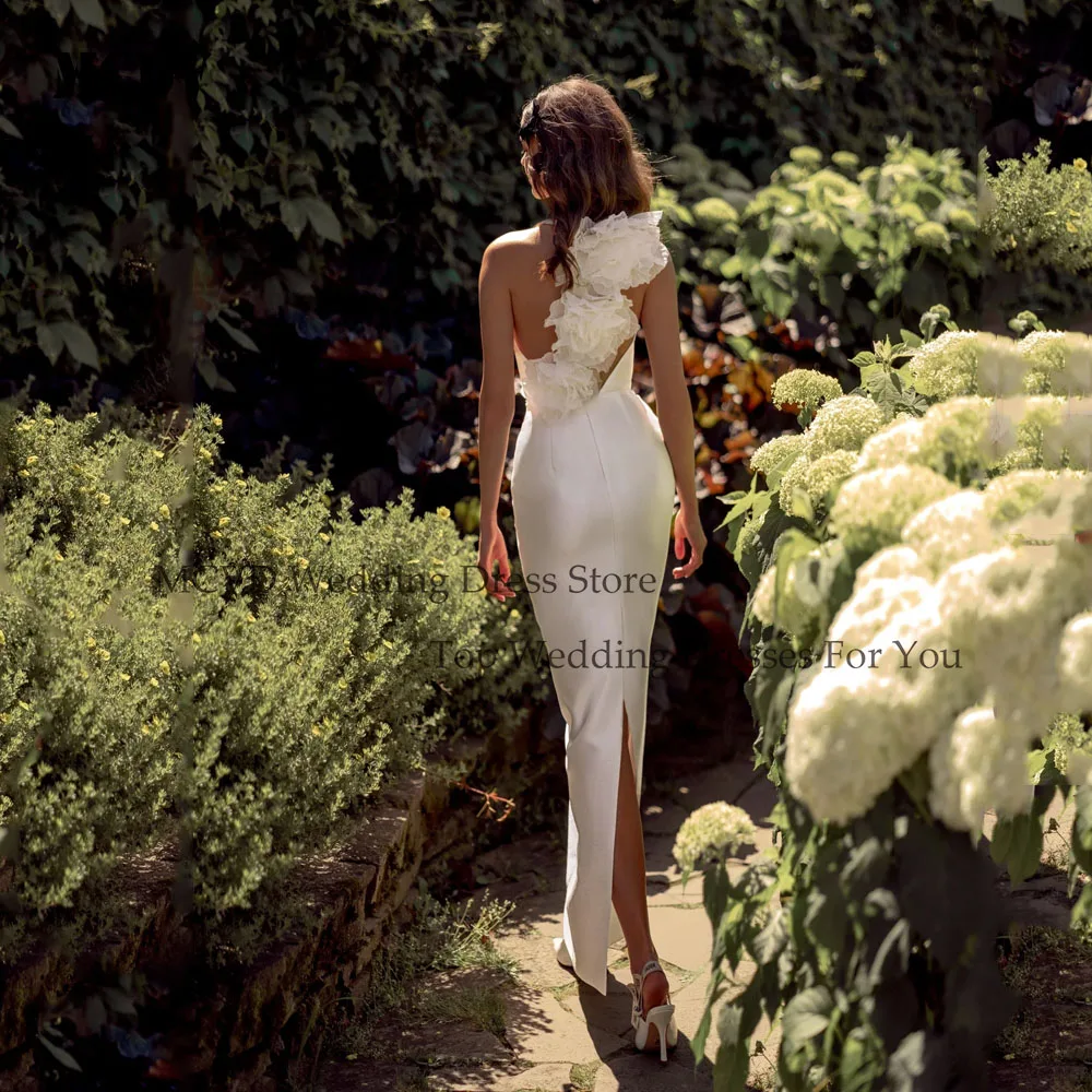 MCDV Raso bianco 2 pezzi Abito da sposa a sirena O-Collo Fiori 2025 Abiti senza maniche Abiti da sposa eleganti Backless Personalizzato