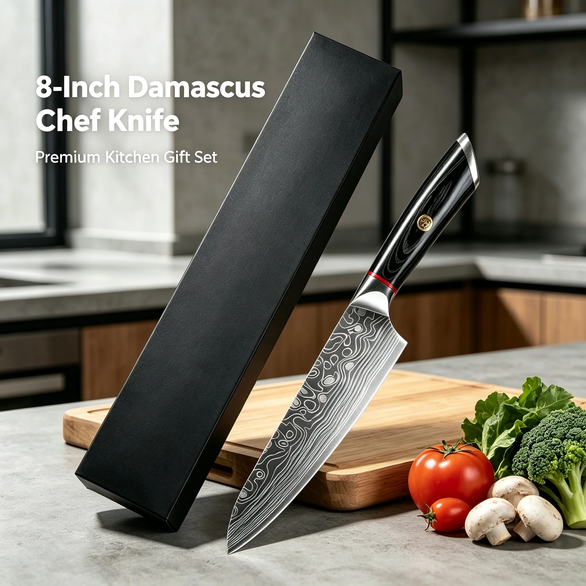 8-inch Damascus chef's knife. Japanese knife VG10 steel cutting knife with wooden handle, packaging box for kitchen cooking.