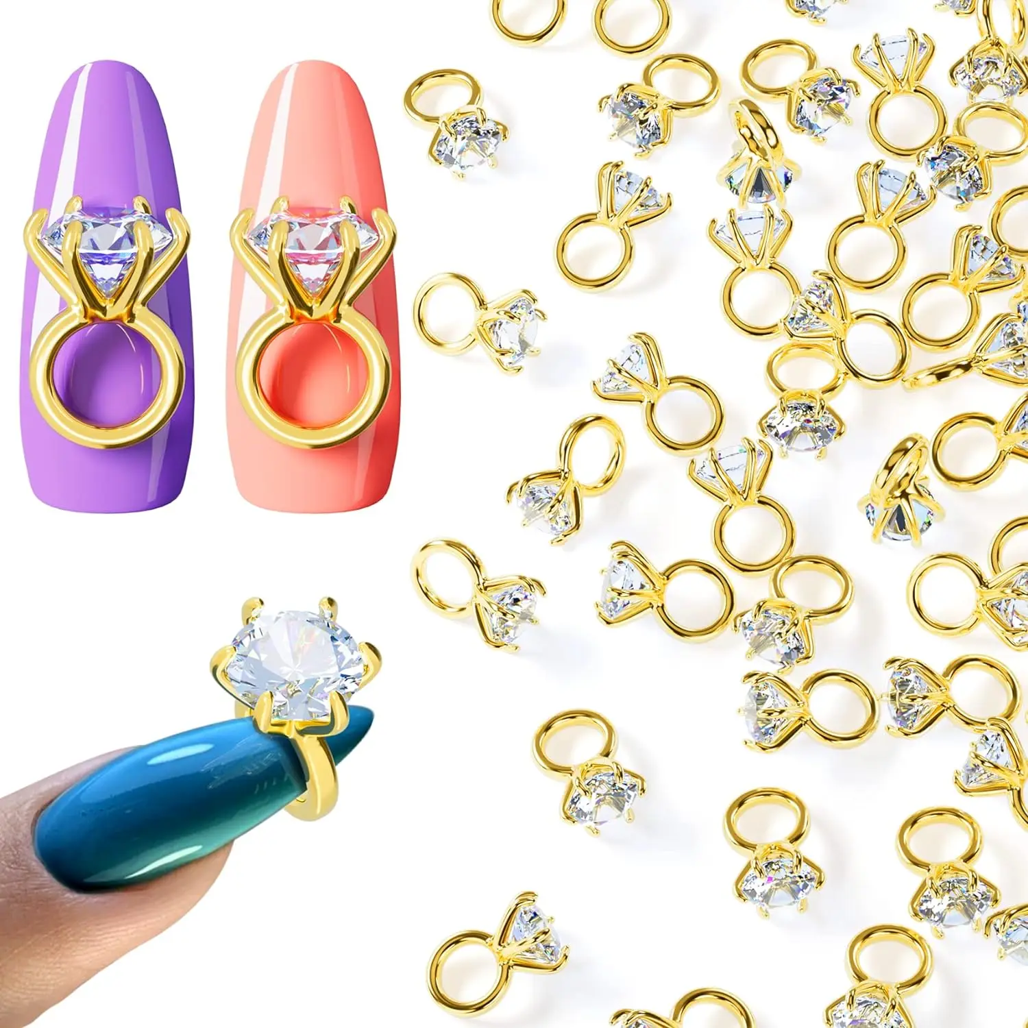 Anillo de diamante brillante para decoración de uñas, 2 uds., circonita 3D, anillo de aleación de diamante grande, piezas de joyería para uñas, piezas de uñas de boda japonesas DIY