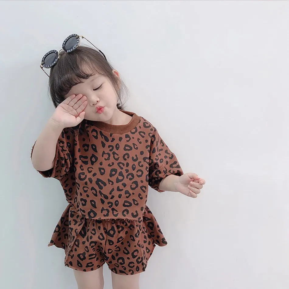 Baby Outfit Children Leopard 2 Pcs T Shirt and Shorts Kids 1-6 Years Girls Short Sleeve Fashion Suit Summer Korean Clothing Set