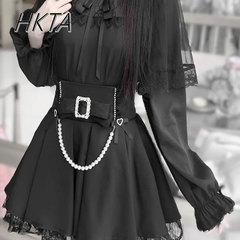 Japanese Dark Mass Produced Lace Bow Black Long Sleeve Shirt Women Blouse Top Lolita Pearl Waist Pleated Skirt Two Pieces Sets