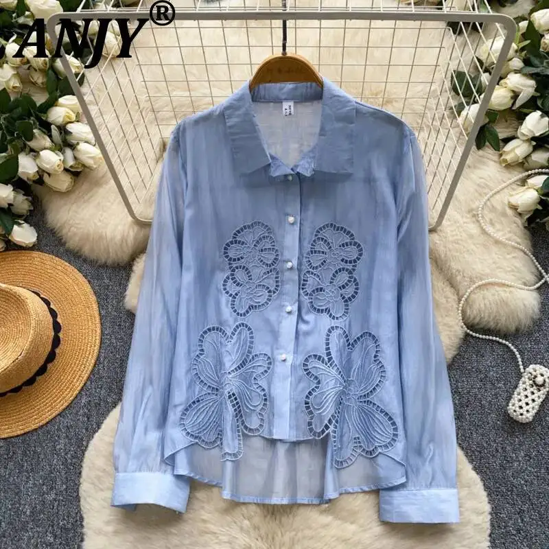 

ANJY Spring Summer New Women Embroidered Breathable Patchwork Long Sleeve Shirt Loose Fit Hollow Out Casual Design Blouse A24298