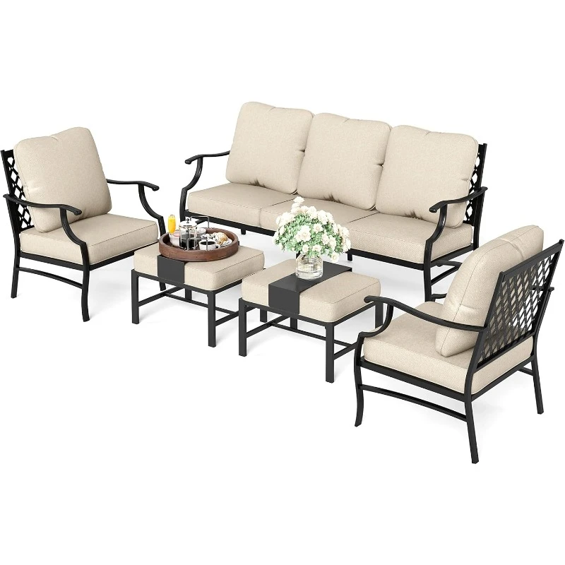 5 Piece Patio Furniture Set, 2 x Cushioned Metal Chair, 2 x Ottoman, 1 x 3-Seat Sofa