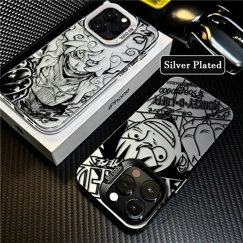 Japanese Anime Ones-Piecess For Apple iPhone 15 14 13 12 11 XS XR X 8 7 Pro Max Plus mini Colored Silver Plated Inside Cover