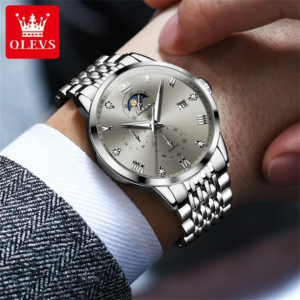 OLEVS Top Brand Men\'s Watches Business Fashion Original Quartz Watch for Man Grey Dial Moon Phase Date Chronograph Waterproof