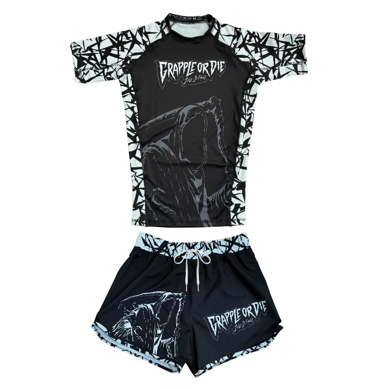 Image of 2026 Sommer Schwarz-Weiß Prajna-Themen Kampfset Unisex Atmungsaktives und Schweißableitendes Kurzarm-Shirt+Shorts Zweiteiliges Set MOTO