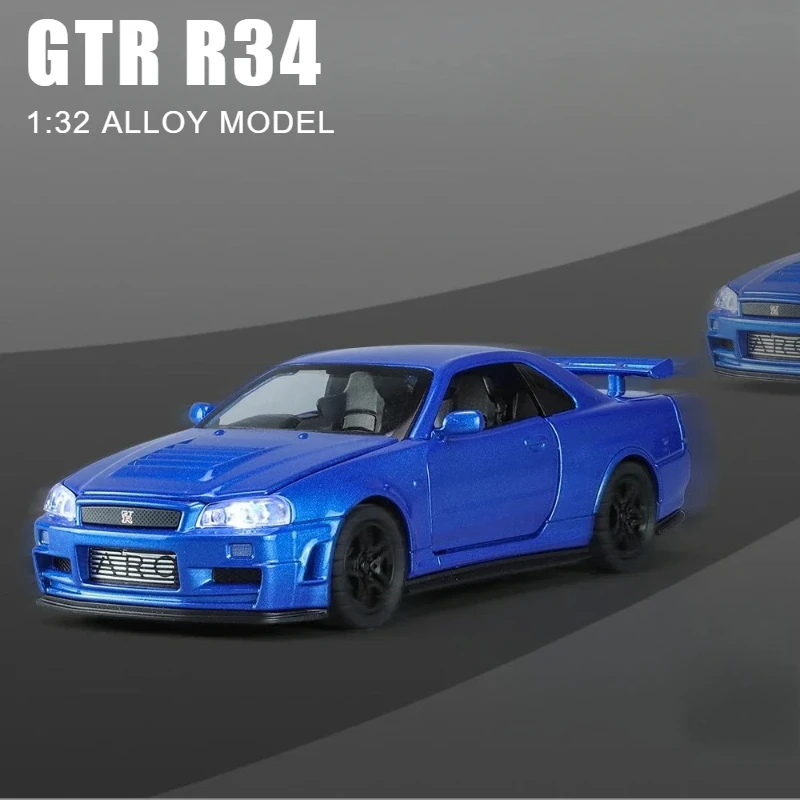 

Модель спортивного автомобиля GTR R34 1:32 из сплава с звуком и светом, литая под давлением, коллекционная миниатюра, игрушка для детей, подарок