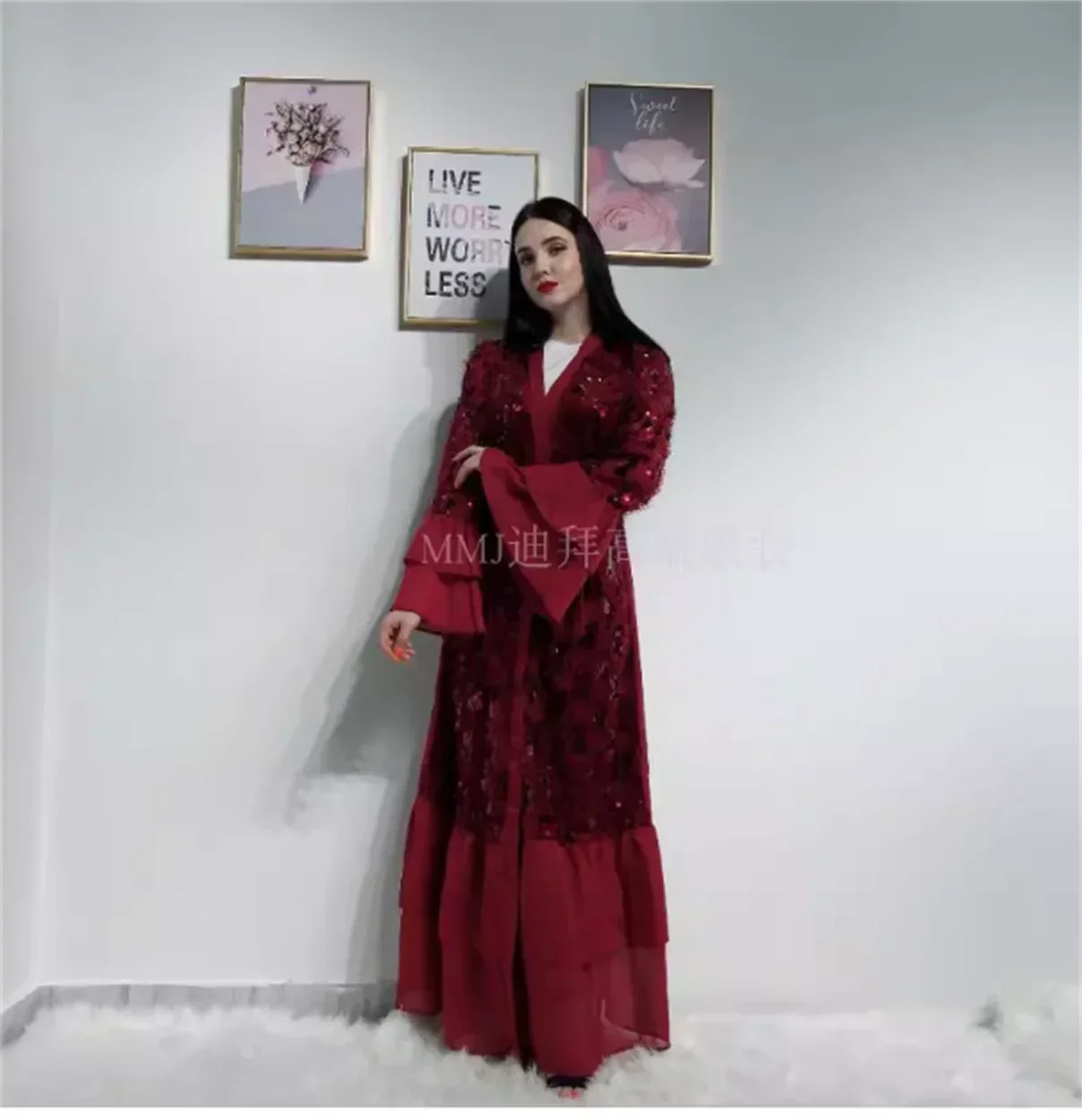 

Dubai long robe cardigan sequined dress