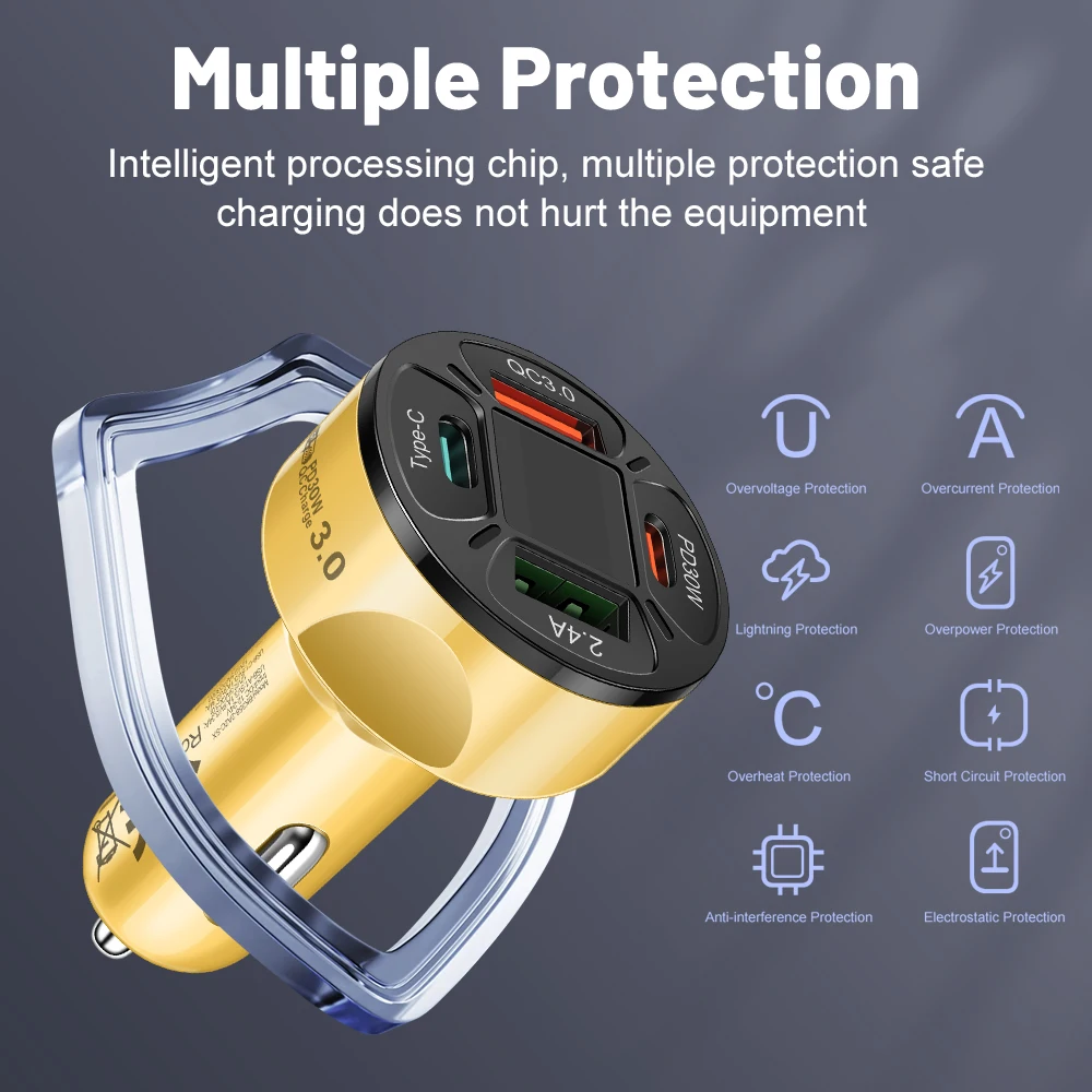 Cargador de coche USB de 120W tipo C 4 en 1 adaptador de carga súper rápida PD dual con pantalla de voltaje para iPhone Samsung Huawei OPPO