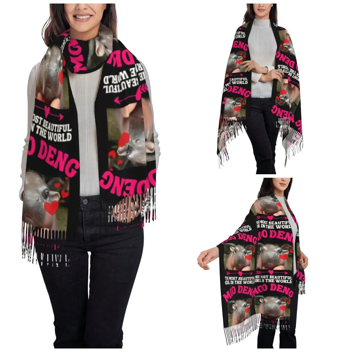 Moo Deng The Most Beautiful Girl In The World Shawl Wrap for Ladies Winter Warm Large Soft Scarf Neckerchief Tassel Scarves