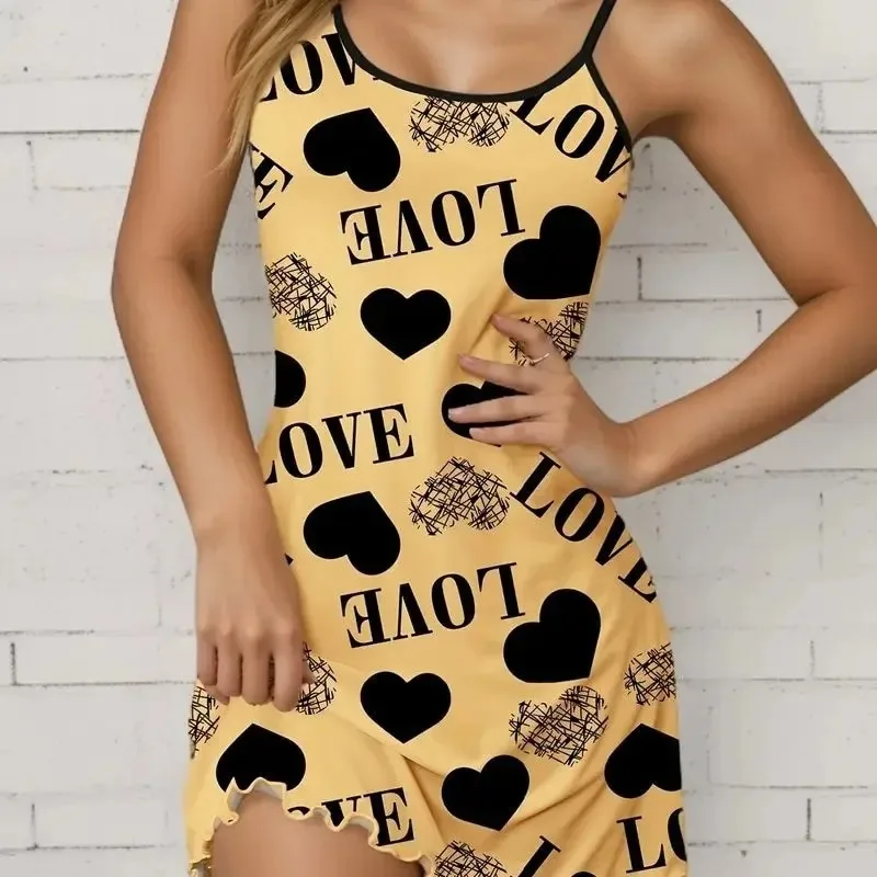 

Casual Comfy Heart Letter Print Nightdress,camisole Short Skirt Love Cartoon Sexy Slip Short Nightdress Sleepwear Dresses