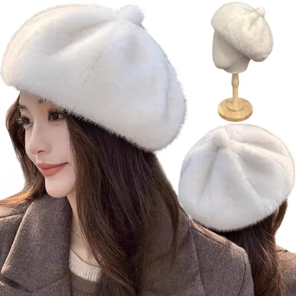 Leopard Print Faux Rabbit Fur Beret Solid Color Thicken Painter Beret Hat Flush Furry Keep Warm Octagonal Beanie Cap Women Girl