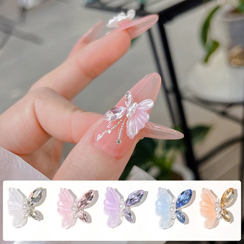 2Pcs Crystal Butterfly Shaped Nail Art Charms Pearl Rhinestones Butterfly Nail Decoration 3D DIY Crafts For Manicure Salon Gift