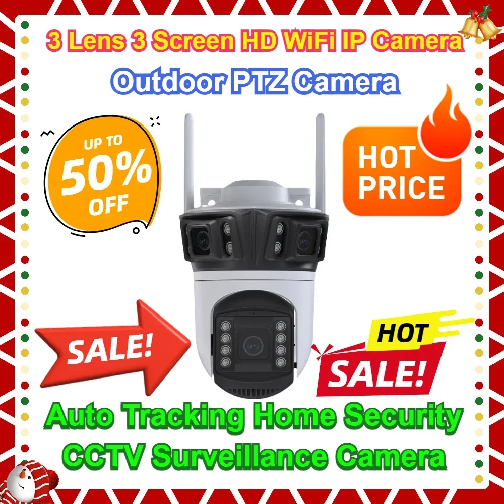 

Outdoor PTZ Camera Auto Tracking Home Security CCTV Surveillance Camera Night Vision 3 Lens 3 Screen HD WiFi IP Camera