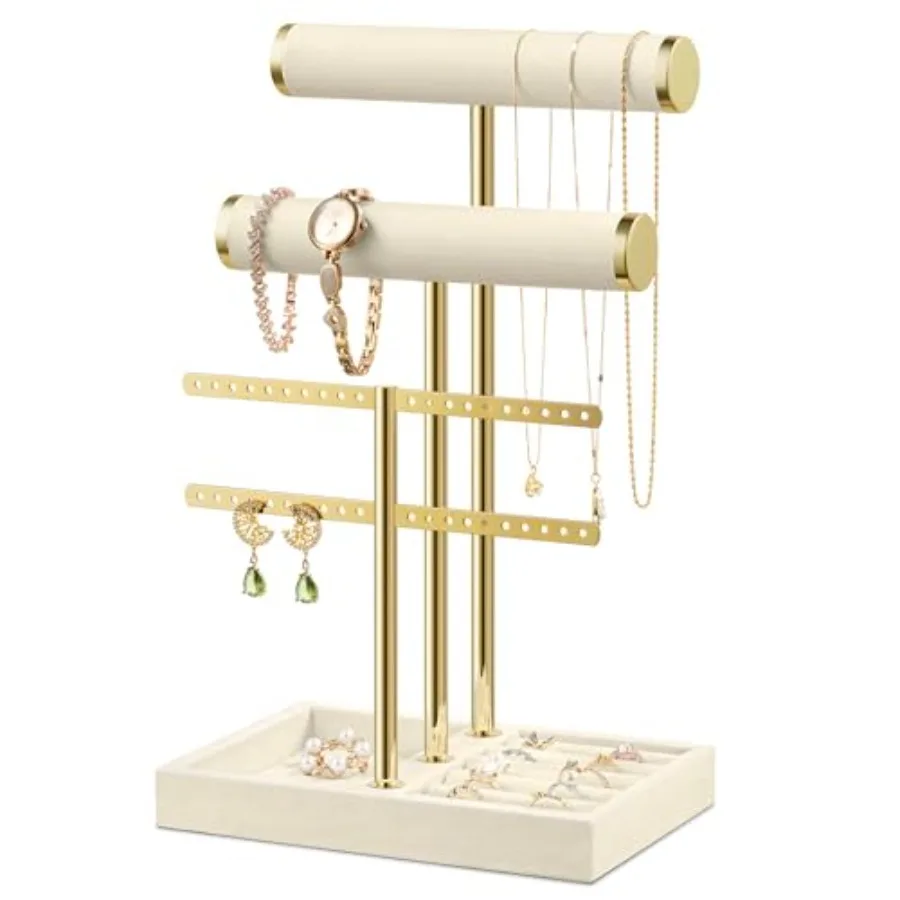 Bracelet Holder Jewelry Organizer Display - 3 Tier T Bar Velvet Stand, Beige Jewelry Storage for Bracelet, Necklaces, Earrings,