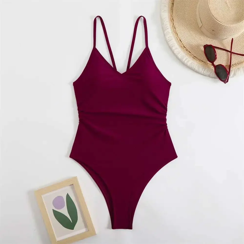 

Vintage Claret Bikini Rings Backless Sling Swimsuit Hollow Out Bathing Suit Women Vacation Swimwear Beach Biquini Summer Outfits