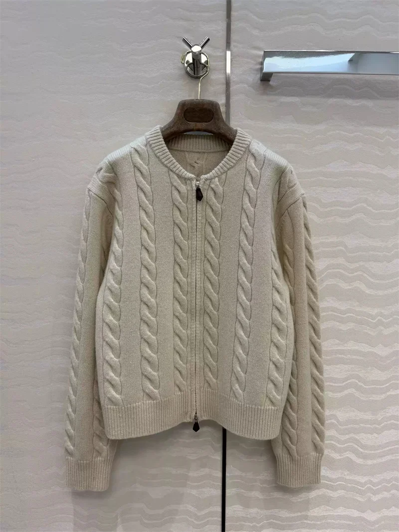 2 Colors Women's Twist Knitted Cardigan Zipper 100% Cashmere Long Sleeve Ladies Autumn Winter Sweater Outwear Top