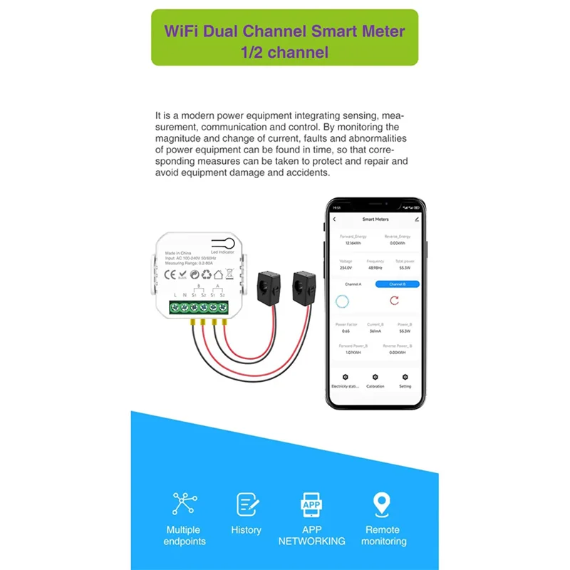 A98E-2X Tuya Wifi Smart Meter เครื่องวัดพลังงานดิจิตอล 80A Current Transformer พลังงานแสงอาทิตย์ PV การผลิตเชื้อเพลิง Monitor 2CT