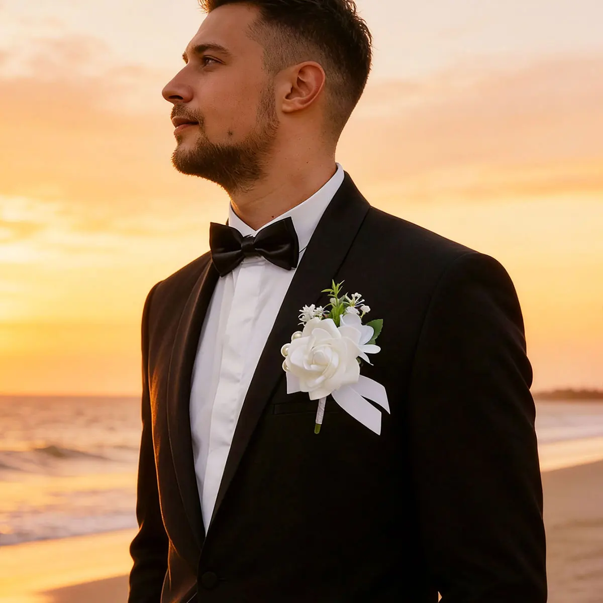 Weiße Rosen-Ansteckblume für den Bräutigam mit Perle und grünem Blatt, künstliches Blumendesign, Ansteckblume für Trauzeugen, Hochzeitsaccessoire – Detail 8